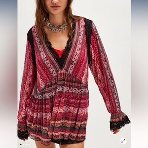FREE PEOPLE NATALIE LACE TRIM MINI DRESS TUNIC PINK RED BLACK MEDIUM LARGE